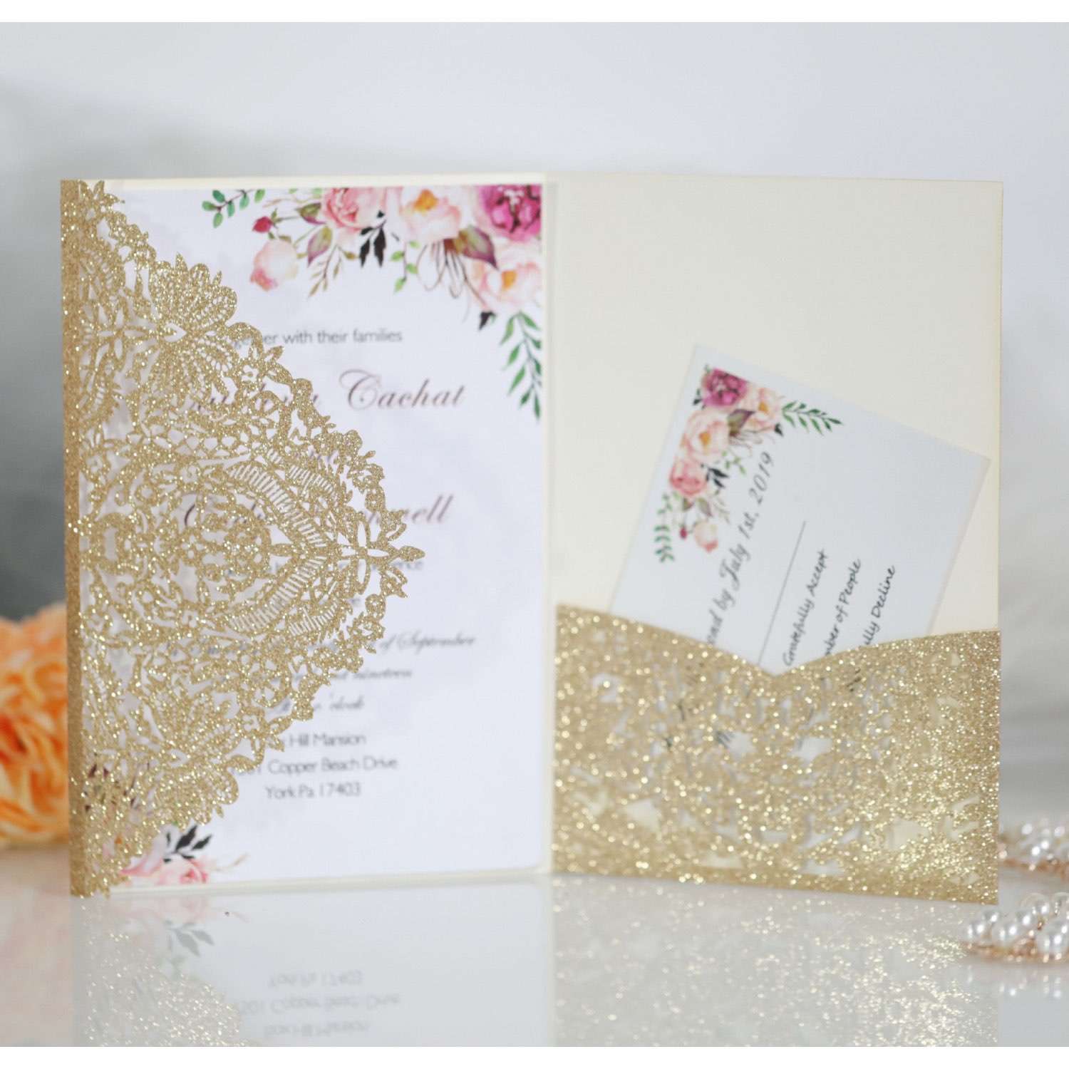 Glitter Marriage Invitation Card With Envelope Laser Cut Greeting Card Wholesale